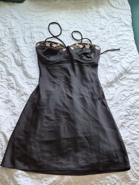 Rare London Black Mini Dress with Floral Trim